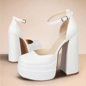White Platform Shoes with Chunky Heel and Ankle Strap